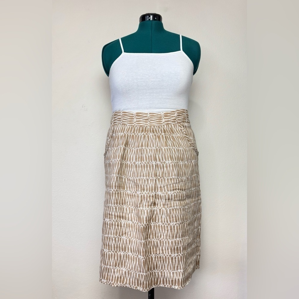 Boden Women Linen Skirt 14L Tan Brown Print Summer Vacation Boho Lagenlook Casua